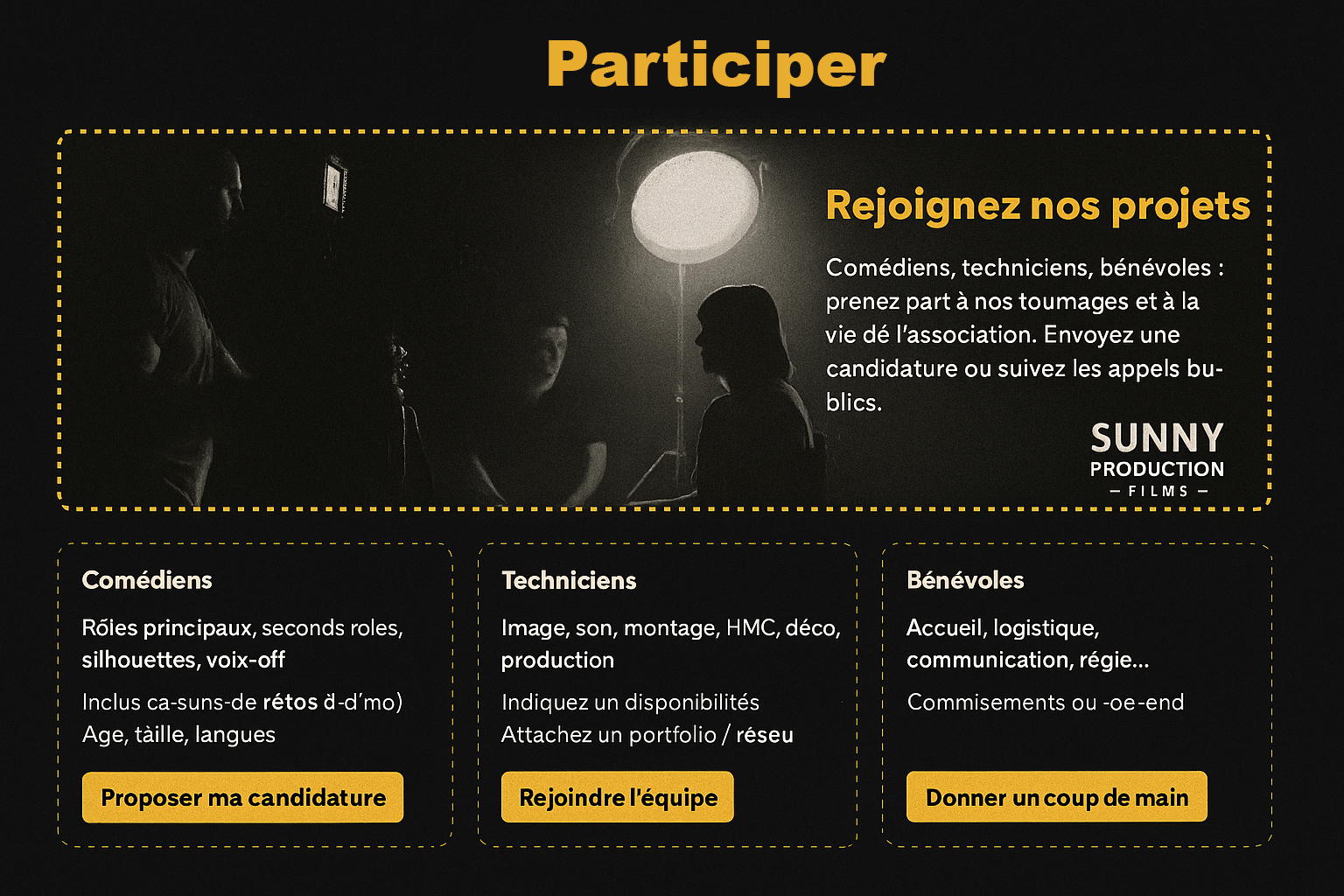 Participer — rejoignez nos projets (Sunny Production Films)